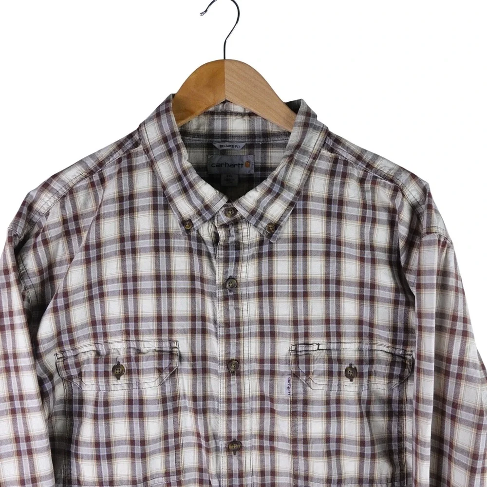 Carhartt Mens Relaxed Fit Plaid Long Sleeve Button Down Shirt Brown 2XL